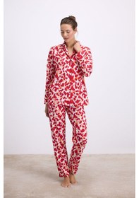 Resim Man11564-1005 Anil Ev Giyim Anıl Kadın Desenli Uzun Kollu Gömlek Yaka Pijama Takımı Nefes Alabilir Yumuşak Kumaş Jersey 11564 Kırmızı 