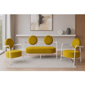 Resim Azra Mobilya Venüs Koltuk Takımı Beyaz Modern Koltuk Seti Ofis Ve Ev Kullanımı Soft Kumaş Sarı Sarı 