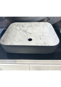 Resim Boheme Scope 50 Cm Mat Siyah Calacatta Tezgah Üstü Çanak Lavabo Şık Tasarım Krom 