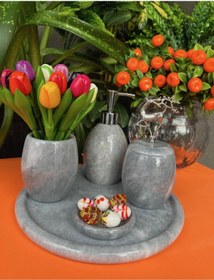 Resim MIARIK DESIGN & DEKORASYON Dekoratif Gri Oval Mermer Banyo Seti Takımı 5 Li Aksesuar Detaylı Tasarım Set 