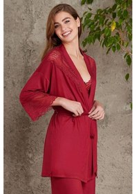 Resim Pierre Cardin 2820 Kadın Penye Dantelli Sabahlıklı Pijama Takım-bordo Bordo 