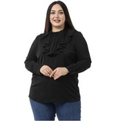 Resim Büyük Beden Yakası Tek Kat Volanlı Manşetli Siyah Bluz Siyah 