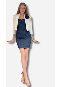Resim Aksesuar Detaylı Blazer Ceket Ve Mini Denim Elbise Favori Teksti 001 