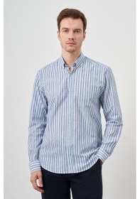 Resim Morven Erkek Turkuaz Keten Panolu Düğmeli Yaka Regular Fit Gömlek Turkuaz 