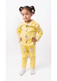 Resim Kruvaze Yaka %100 Pamuk Önden Düğmeli Mevsimlik Ünisex Bebek Ve Çocuk Pijama Takımı 4bb2 Sarı 