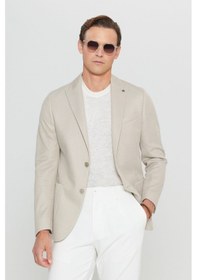 Resim Erkek Bej 360 Her Yöne Esneyen Pamuklu Slim Fit Kırlangıç Yaka Armürlü Blazer Ceket Bej 