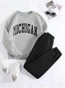 Resim CLAYES Michigan Eşofman Takımı Gri Sweatshirt Siyah Jogger - Baskılı Oversize Şardonlu Bisiklet Yaka 