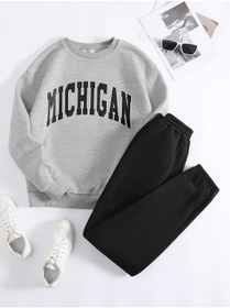 Resim CLAYES Michigan Eşofman Takımı Gri Sweatshirt Siyah Jogger - Baskılı Oversize Şardonlu Bisiklet Yaka 