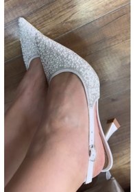 Resim Feles Gelinlik Ayakkabısı Taş Detaylı Arkası Açık Stiletto Kadın Topuklu Ayakkabı Beyaz 