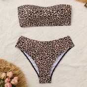 Resim Leopar Desenli Bandeau Straplez Şık Seksi Tarz 2 Parça Bikini Mayo Takımları, Kadın Mayo ve Giyim 