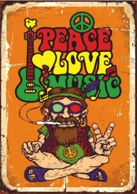 Resim Peace Love Music Retro Ahşap Tablo - Hippi Temalı Nostaljik Poster 