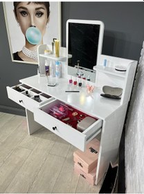 Resim Makyaj Masası Aynalı Tuvalet Masası 2 Çekmeceli Takı Düzenleyici Ve Raflı Organizer 104 Cm Beyaz 