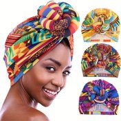 Resim 3 Parça Set Afrika Baskılı 3D Twist Turban Şapka Salyangoz Desenli Baş Sarma 