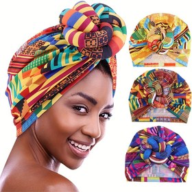 Resim 3 Parça Set Afrika Baskılı 3D Twist Turban Şapka Salyangoz Desenli Baş Sarma 