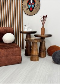 Resim ASELYA HOME Ahşap 3’lü Set Mantar Yan Sehpa Modern Ceviz Renk Fiskos Zigon Çiçeklik 