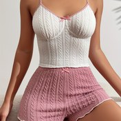 Resim Kadınlar için Askılı Şortlu Pijama Pantolonu, Vafli Kumaş, Rahat ve Günlük Pijama Takımı 