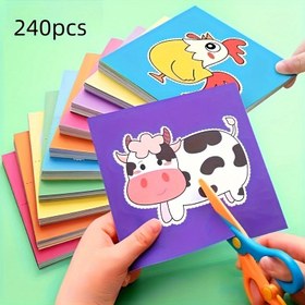 Resim 240 adet Renkli Kağıt Kesme Kiti ve 2 Plastik Makas - Gençler ve Yetişkinler için Eğlenceli DIY El Sanatları Seti, Yaratıcı Sanat Projeleri için Tavuk, İnek ve Horoz Tasarımlarını İçeren, Kağıt El Sanatları Malzemeleri 