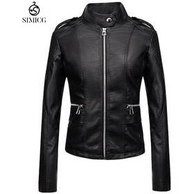 Resim Kadın Slim Fit Motosiklet Ceketi Kısa Deri Ceket Siyah 