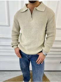 Resim Elku Moda Kazak Oversize Tüylenmez Naturel Pamuk Fermuarlı Polo Yaka Örme Triko Kazak Krem 