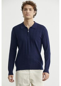 Resim Fermuarlı Polo Yaka Triko Kazak - Lacivert Lacivert 