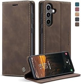 Resim owlhold Samsung Galaxy S24 5G için cep telefonu kılıfı, birinci sınıf deri kılıf yumuşak vintage nubuk deri katlanabilir stant fonksiyonlu kılıf kart bölmesi stant fonksiyonu darbeye dayanıklı 