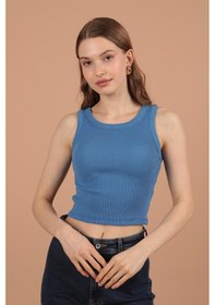 Resim Kaşkorse Kumaş Halter Yaka Kadın Bluz İndigo - Kadın İndigo 