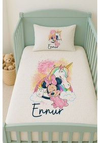 Resim %100 Pamuk İsme Özel İsimli 100x150 Cm Pike Seti Unicorna Sarılan Minnie 