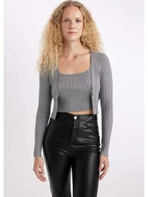 Resim Defacto Regular Fit Crop Düğmeli V Yaka Triko Hırka A2076AX24AUGR210 Gri 