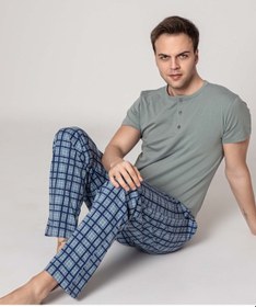 Resim Guava Erkek Ekose Desen 3 Düğmeli Bisiklet Yaka Modal Yazlık Kısa Kol Cepli Pijama Takımı Mavi 