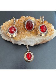 Resim Aysesa Altın Görünümlü Yakut Zirkon Kadın Gümüş Set 2küpe+kolye+yüzük 