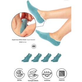 Resim Saysez Bambu Kadın Babet Su Yeşili Çorap Dikişsiz Görünmez Kaydırmaz Topuk Silikonlu Premium 4'lü Renkli 