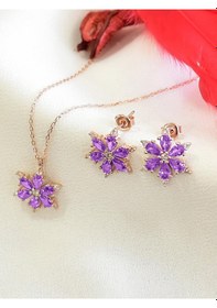 Resim Brezza Lusso Jewelry 925 Ayar Lotus Çiçeği Ametist Taşlı Rose Kadın Kolye Küpe Set 40962551 42 CM 42 CM 