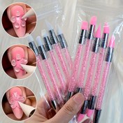 Resim 5 Adet Pembe Çift Başlı Taşlı Silikon Tırnak Sanatı Kalemleri için 3D Çiçek Oyma, DIY Tırnak Damgalama Fırçaları 