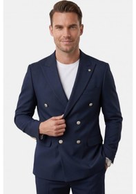 Resim Deep Sea Deepsea Erkek Lacivert Slim Fit Kruvaze Takım Elbise Likralı Çizgili Dokulu Metal Düğmeli 2600820 