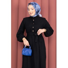 Resim Nz Eteği Fırfırlı Yarım Düğmeli Tesettür Elbise Siyah 