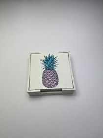 Resim 6’lı Ahşap Bardak Altlığı Seti (Kutulu - Ananas Desenli) 