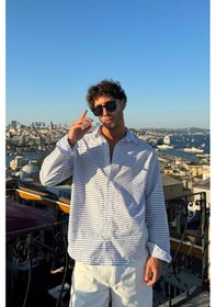 Resim Flaw Atelıer Yatay Çizgili Oversize Gömlek Lacivert-26478 Lacivert 