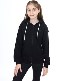 Resim Toontoy Kız Çocuk Kapüşonlu Fermuarlı Cepli Düşük Omuz Nakış Baskılı Örme Hırka - 2 İplik 
