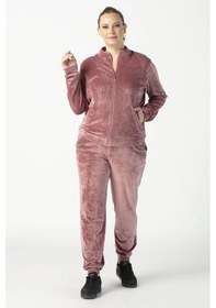Resim Moda Berray 1950 Kolları Taşlı Tam Kalıp Tarz Kadife Büyük Beden Eşofman Takım Pembe Pembe 