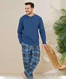 Resim Pijamoni Erkek Pamuklu Düğme Yaka Uzun Kol İnce Pijama Takımı 100/4 - 1 Adet Mavi 