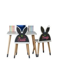 Resim Liva Ahşap Çocuk Aktivite Oyun 1 Masa 2 Sandalye Takımı 2-6 Yaş - Tavşanlı- Tablet Yeri Beyaz- Gri Ayaklar 