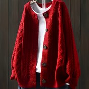 Resim Kadın Bol Kesim Kablo Desenli Hırka - Düz Renk Düğmeli, Fitilli, Uzun Kollu ve Yuvarlak Yaka, Sonbahar/Kış için, Rahat Katmanlama Parçası, Hırka 