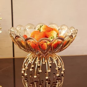 Resim Çağdaş Cam Meyve Kasesi Altın Metal Stand ile - Şık Dekoratif Merkez Parçası Oturma Odası, Modern Yaratıcı Atıştırmalık ve Kuru Meyve Sunucusu 