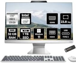 Resim ASUS A3402WVAK i5 1335U 32GB DDR5 1TB SSD Intel Graphics 23.8" FHD W11P Beyaz All in One & PER4 