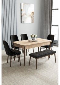 Resim Jusie Meşe Desen 80x132 Açılabilir Yemek Odası Takımı 4 Sandalye, 1 Bench Siyah 