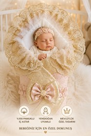 Resim Tomuycuk Lavanta Gold Bebek Kundağı Unisex Bebek Dış Kundak Battaniyesi Hastane Çıkışı Kundak Battaniye 