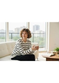 Resim Eren Style Triko Angora Cotton Çizgili Yünlü Uzun Kollu Hırka Beyaz 