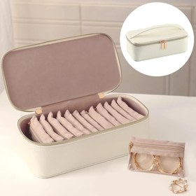Resim KM-10 Lüks Takı Kutusu, Beyaz Deri, 23.5x11.8x8 cm, Taşınabilir Mücevher Organizatörü, 12 Adet Kese Hediyeli, Fermuarlı Saklama Çantası 