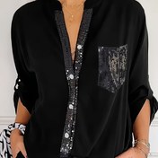 Resim Cepli Büyük Beden Kadınlar İçin Şık Pullu Düğmeli Hırka - Günlük Şık Yaka Uzun Kollu Makinede Yıkanabilir İlkbahar/Sonbahar Katman Parçası, İlkbahar Dış Giyim | Pul Süslemeli Gömlek | Stil Sahibi Payetler 