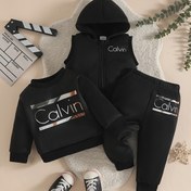 Resim 3'lü Set - Bebek Sonbahar Kış Çocuk Uzun Kollu Kazak Üst + Bel Lastikli Pantolon + Yelek Üç Parça Set - Sokak Stili "Calvin" Harf Baskılı, Sonbahar ve Kış için Dış Mekan ve Günlük Giyim 